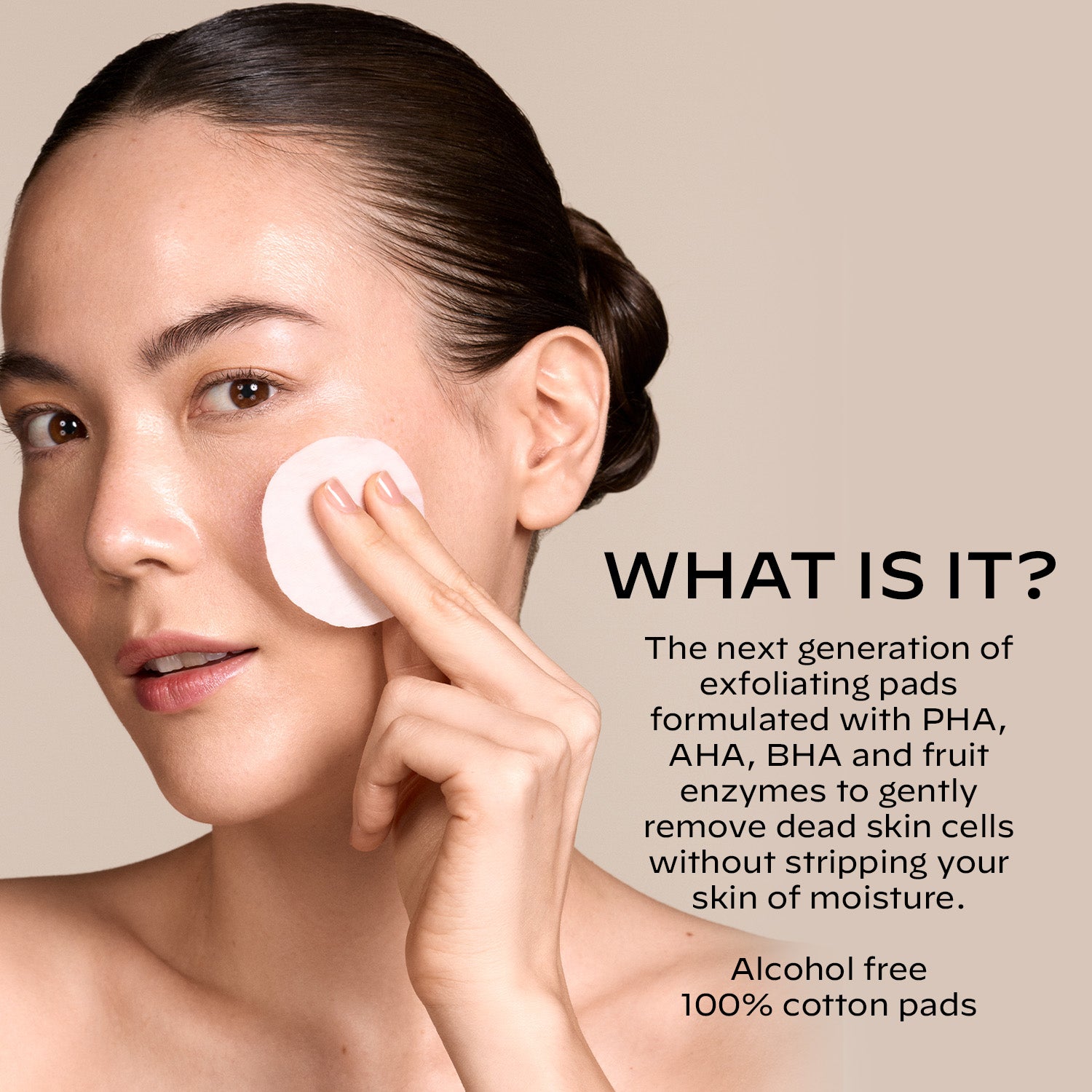 Woman applying exfoliating pad to face with product description text.