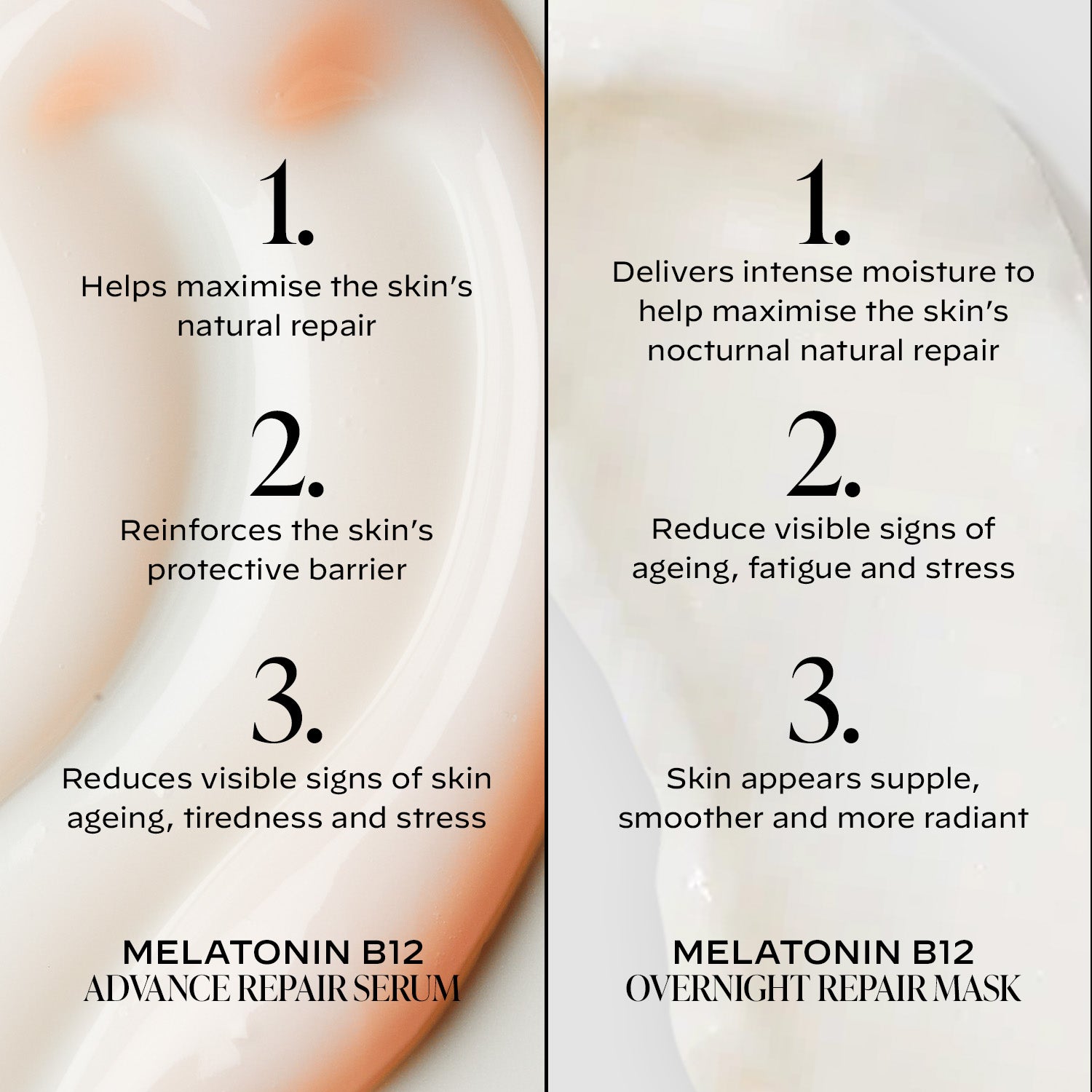 Comparison of Melatonin B12 Advance Repair Serum and Overnight Repair Mask with text on benefits.