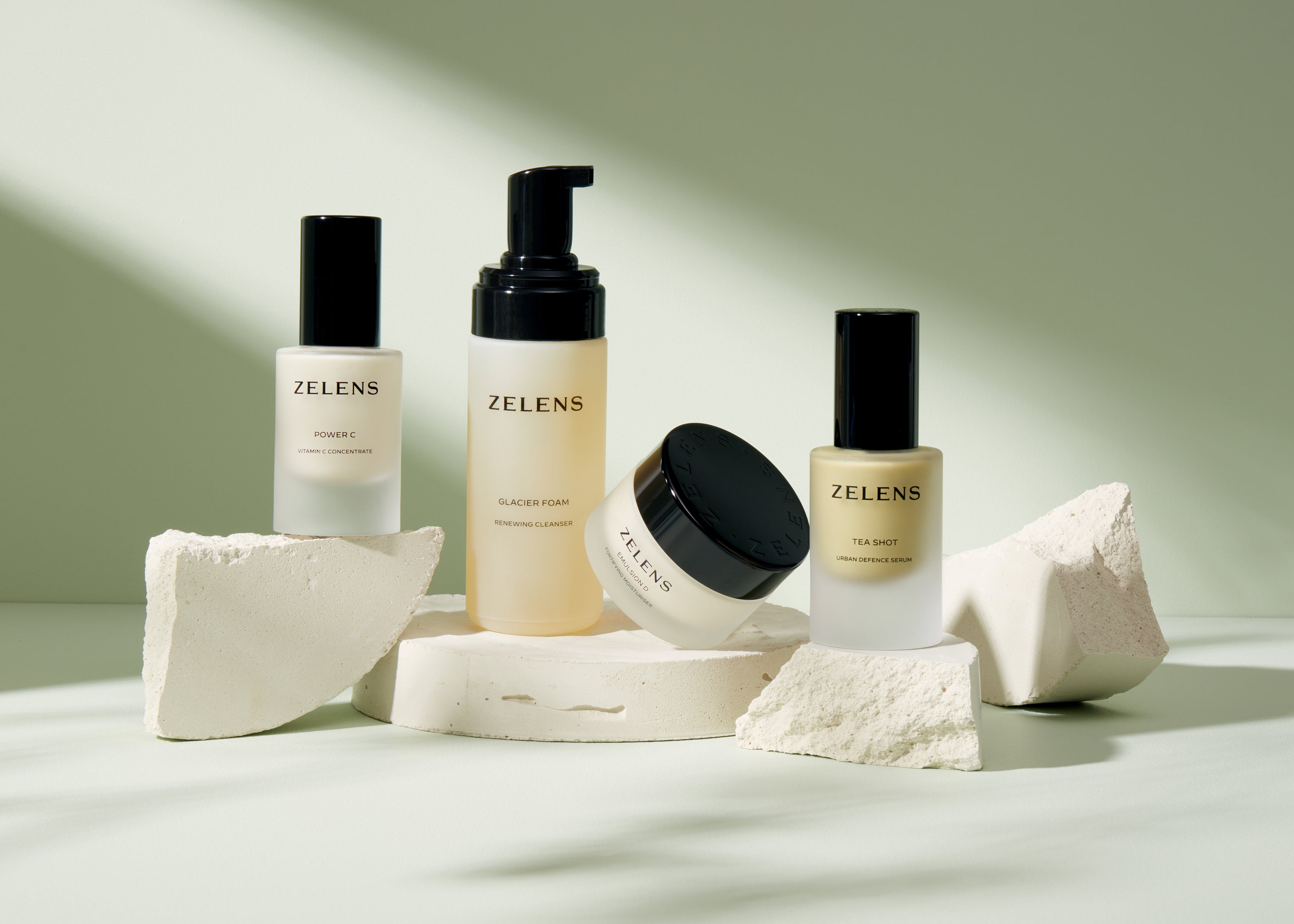 Zelens everyday skincare routine featuring Glacier Foam, Power C, Tea Shot and Emulsion D